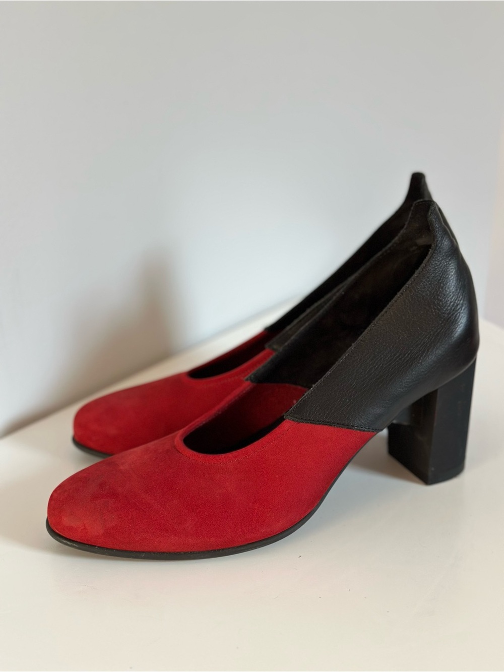 Arche Red Nubuck & Black Leather Block Heel Pumps
